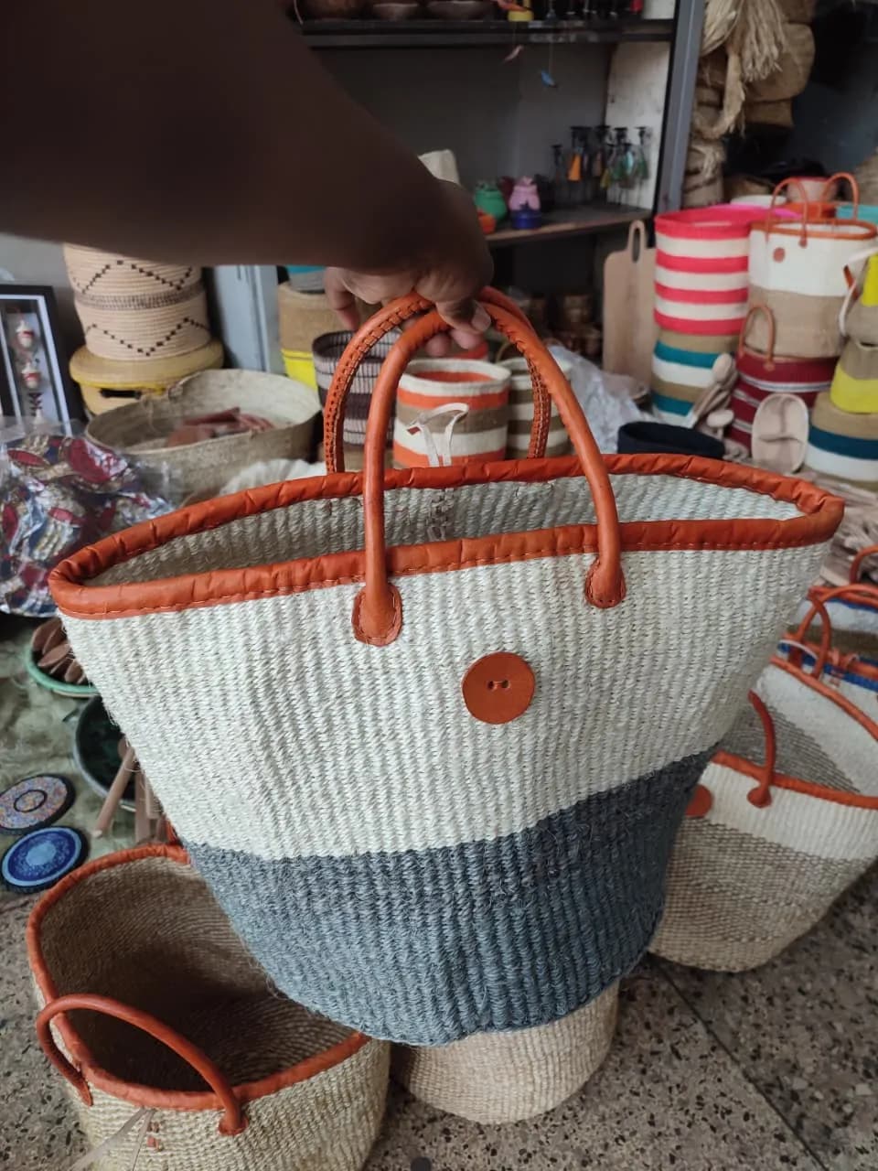 Kiondo Basket (Size 12") - White/Grey Stripe
