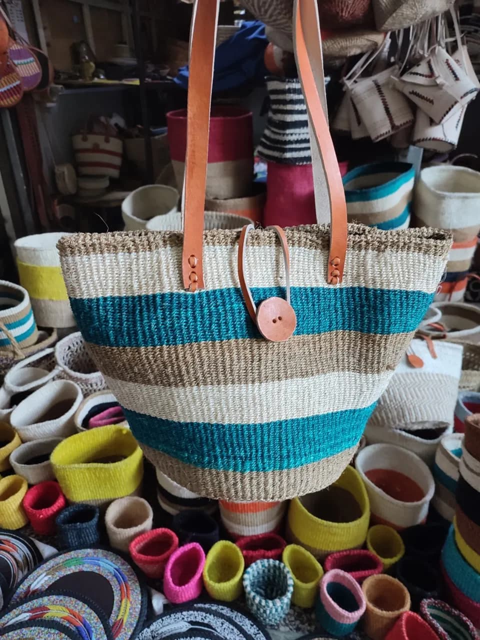Kiondo Basket (Size 10") - Blue/Brown Stripe (Long Strap)
