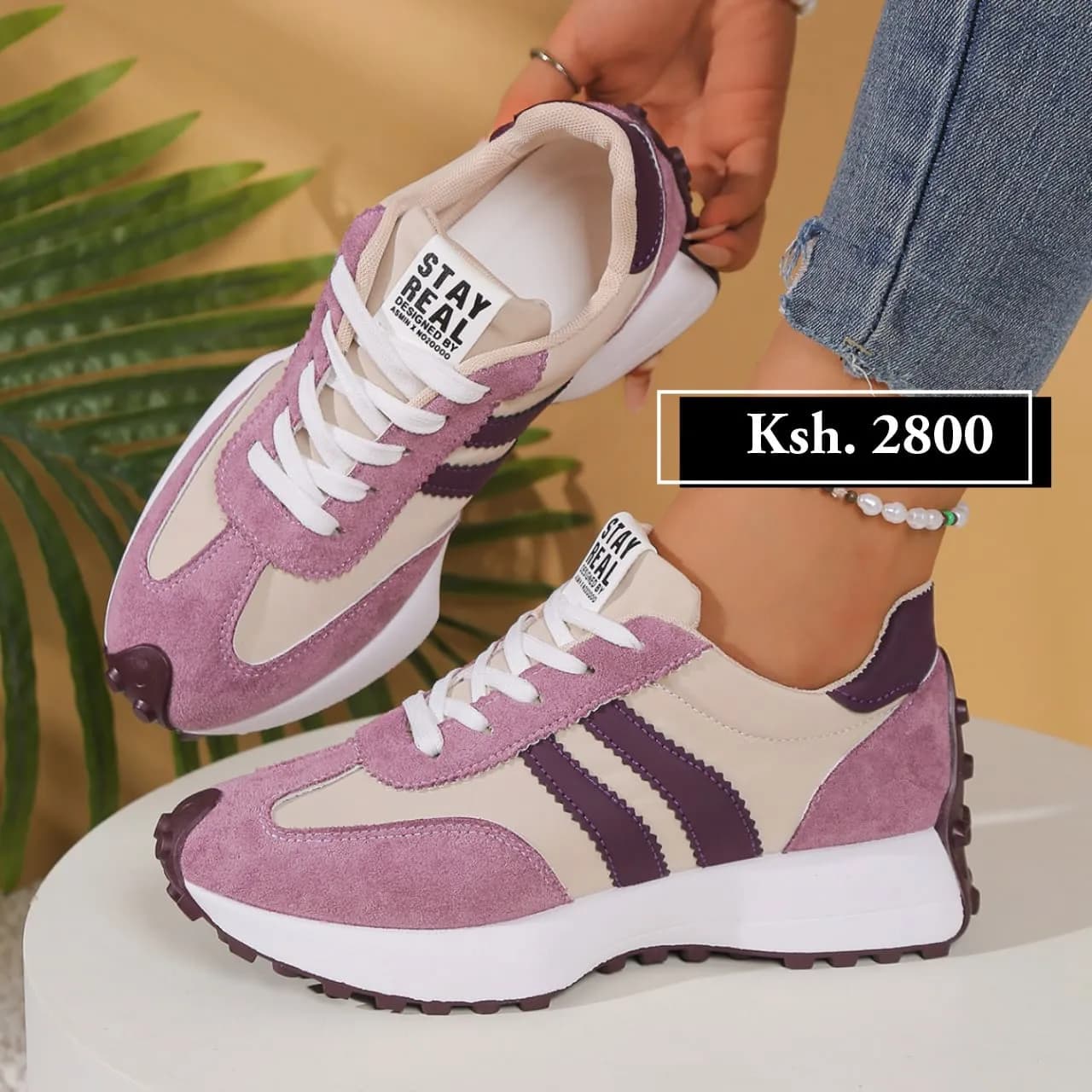 Stay Real" Retro Sneakers - Purple/Beige