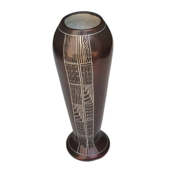 Handcrafted Soapstone Vase – Brown Tribal Design