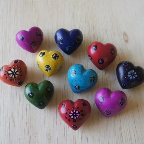 Hand-Painted Soapstone Heart Keepsakes – Multicolour Set