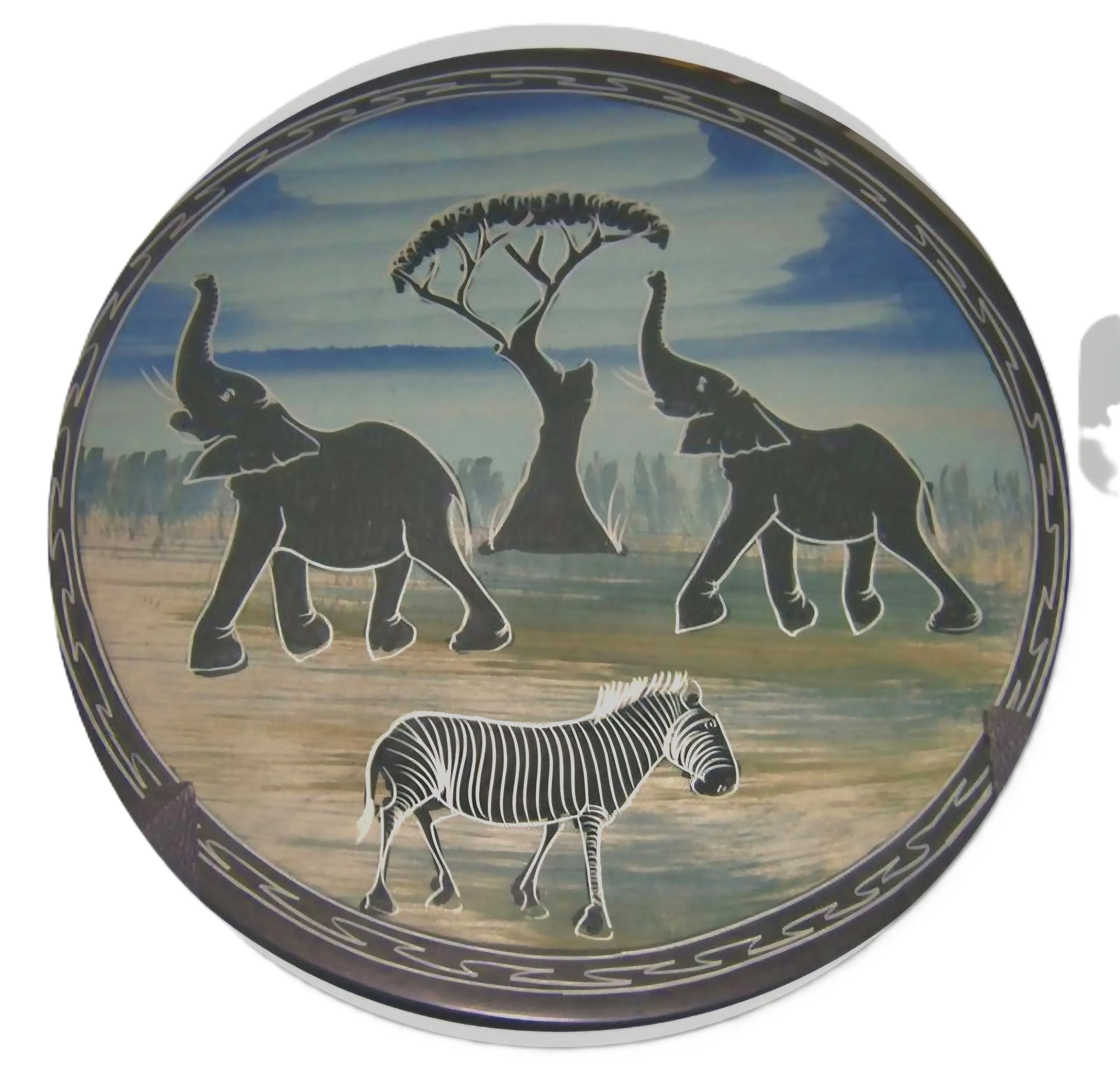 Hand-Painted Soapstone Wall Plate – African Elephants & Zebra