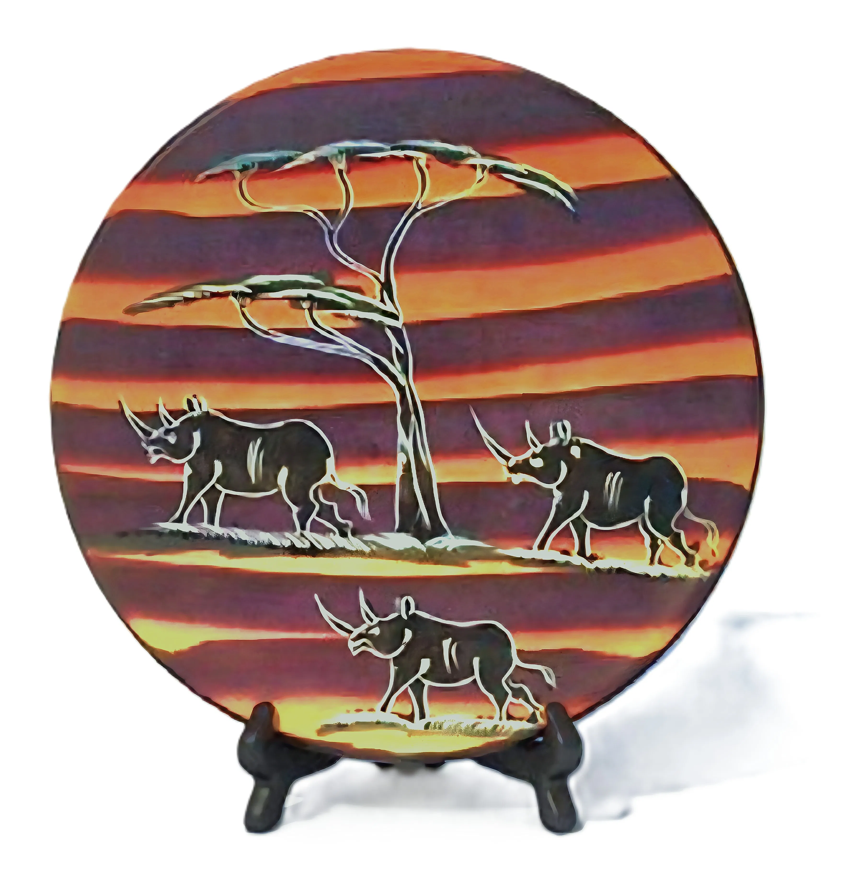 Hand-Painted Soapstone Plate – African Rhinos at Sunset