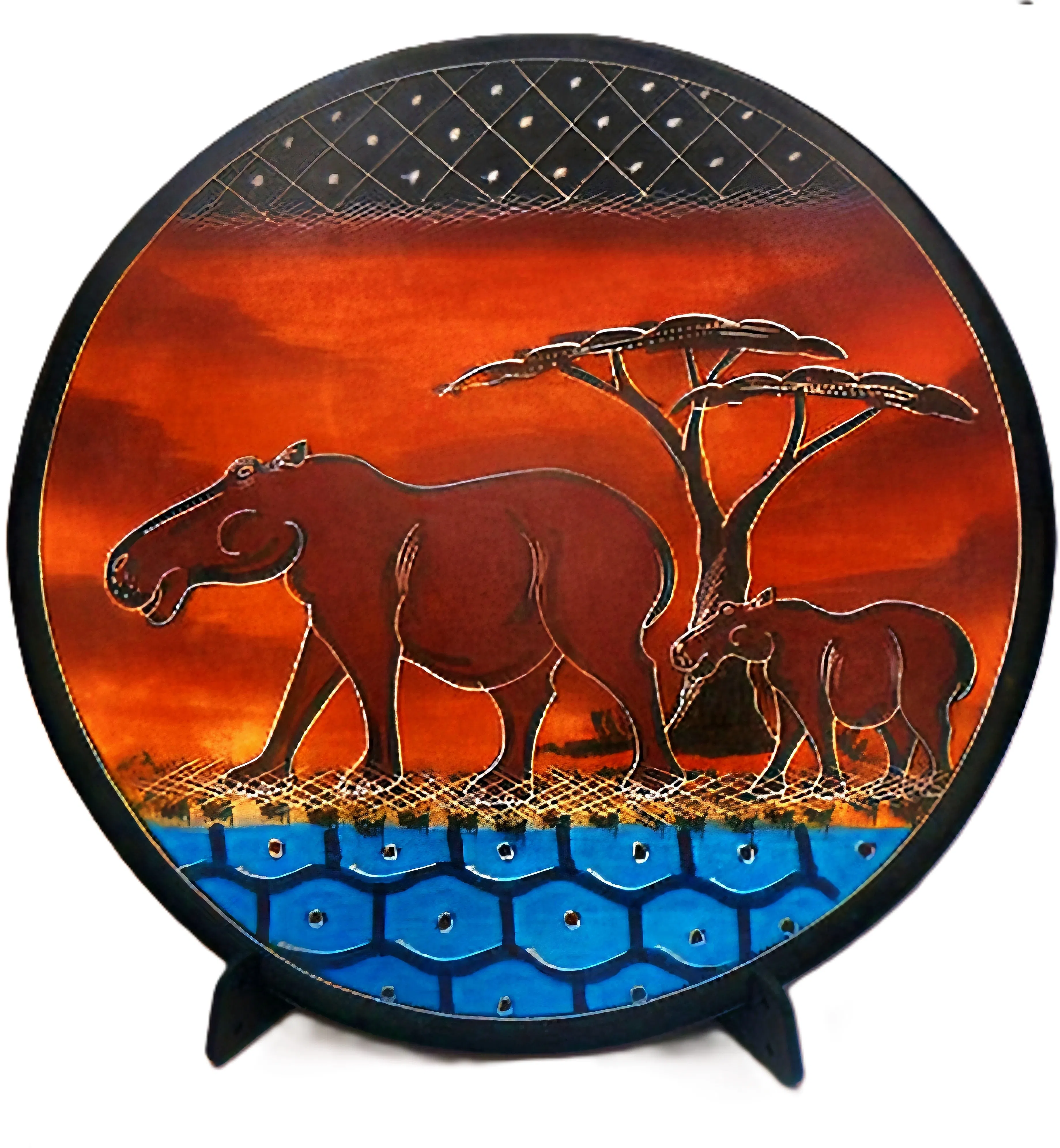 Hand-Painted Soapstone Wall Plate – African Mother & Child Hippo