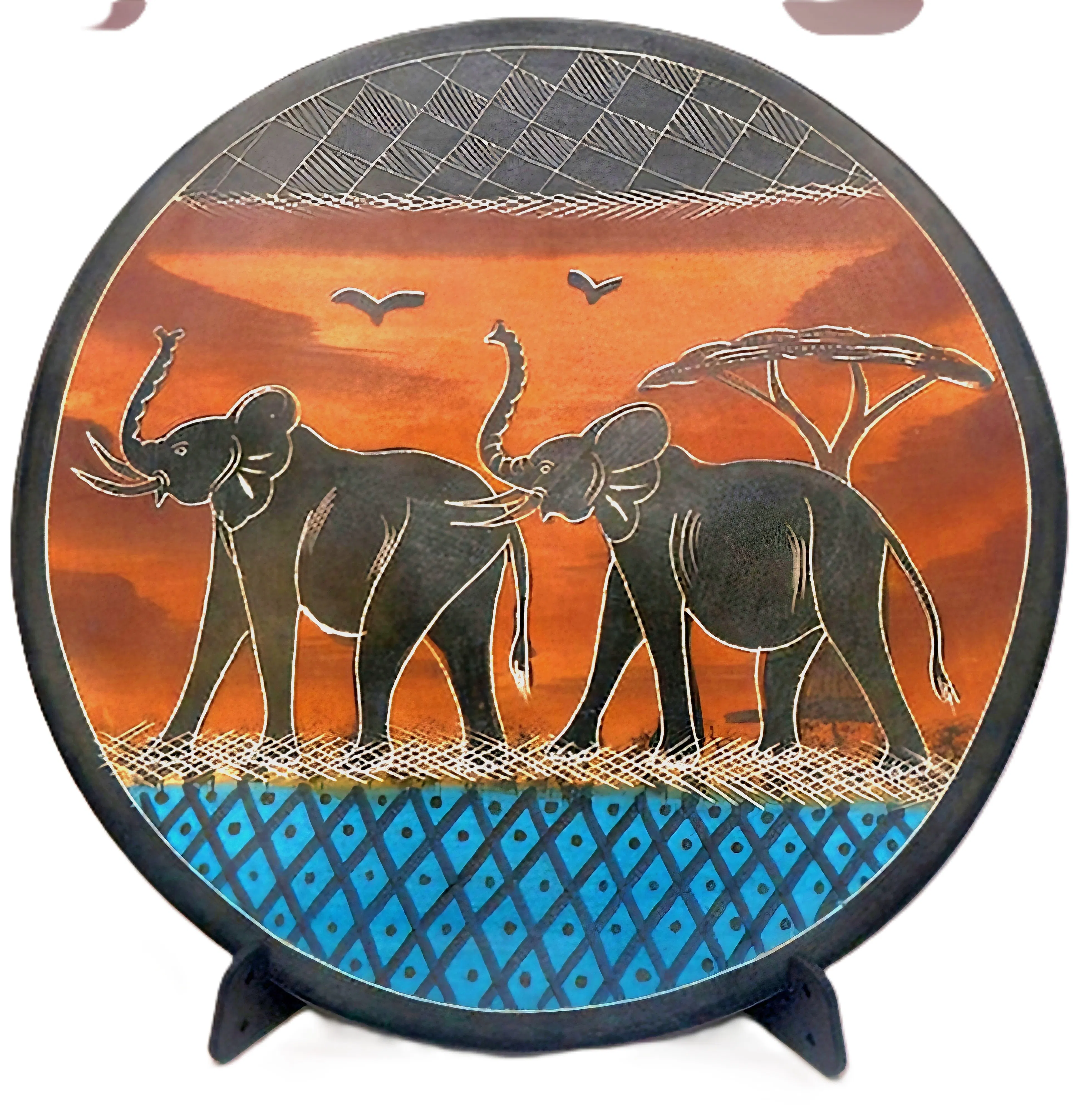 Hand-Painted Soapstone Wall Plate – African Elephant Couple