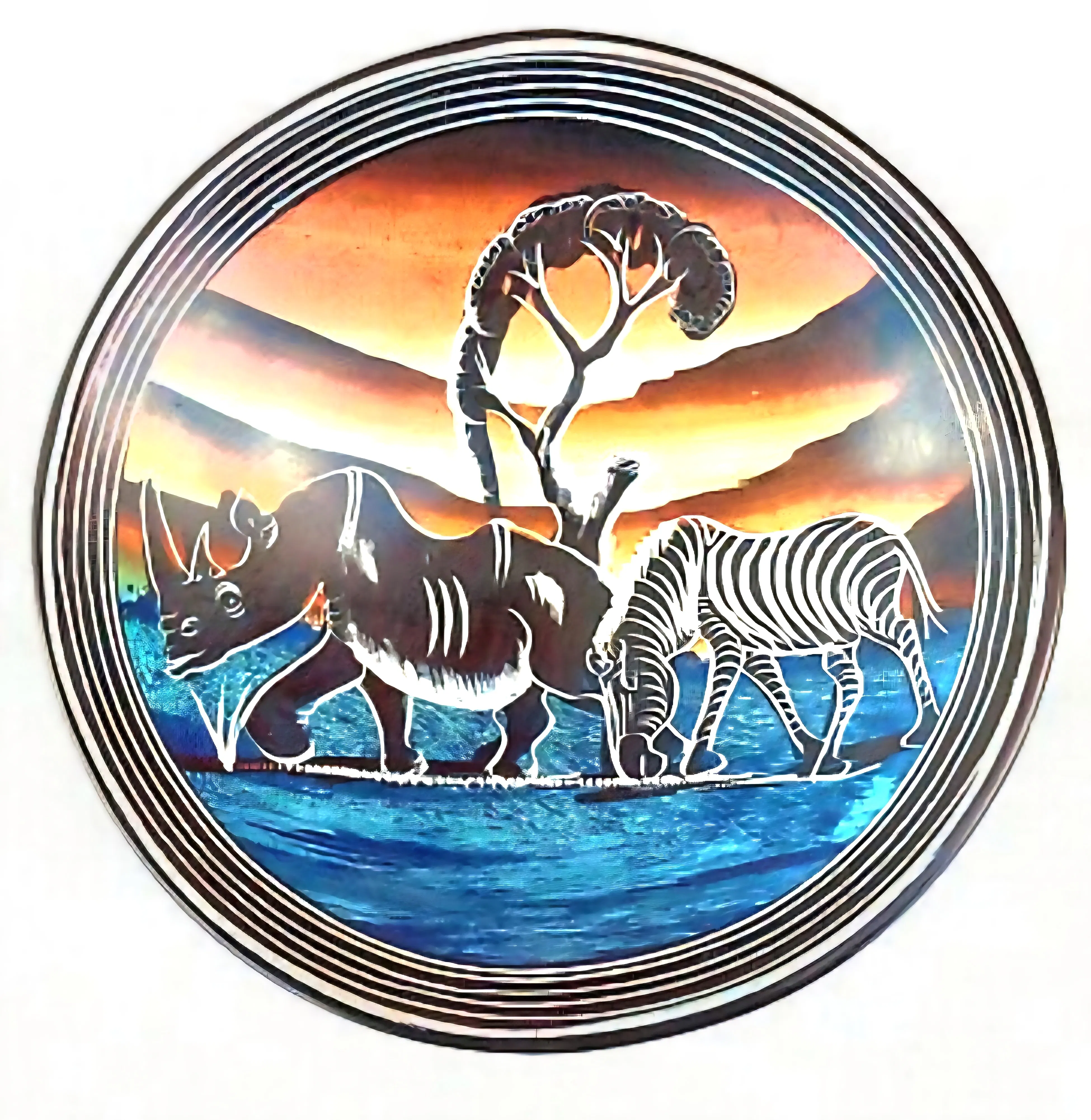 Hand-Painted Soapstone Wall Plate – African Rhino & Zebra at Sunset