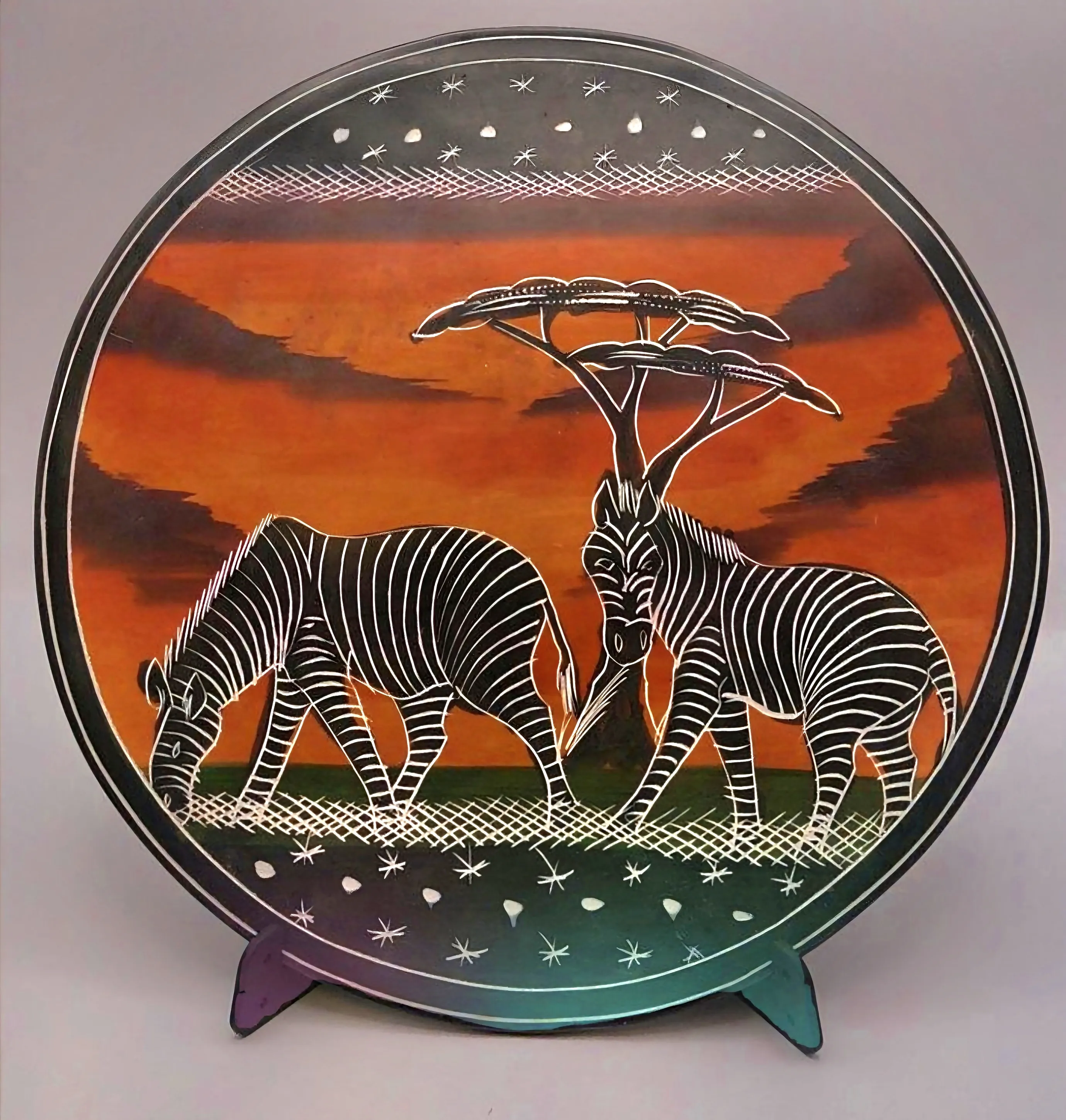 Hand-Painted Soapstone Wall Plate – African Zebra Couple at Sunset