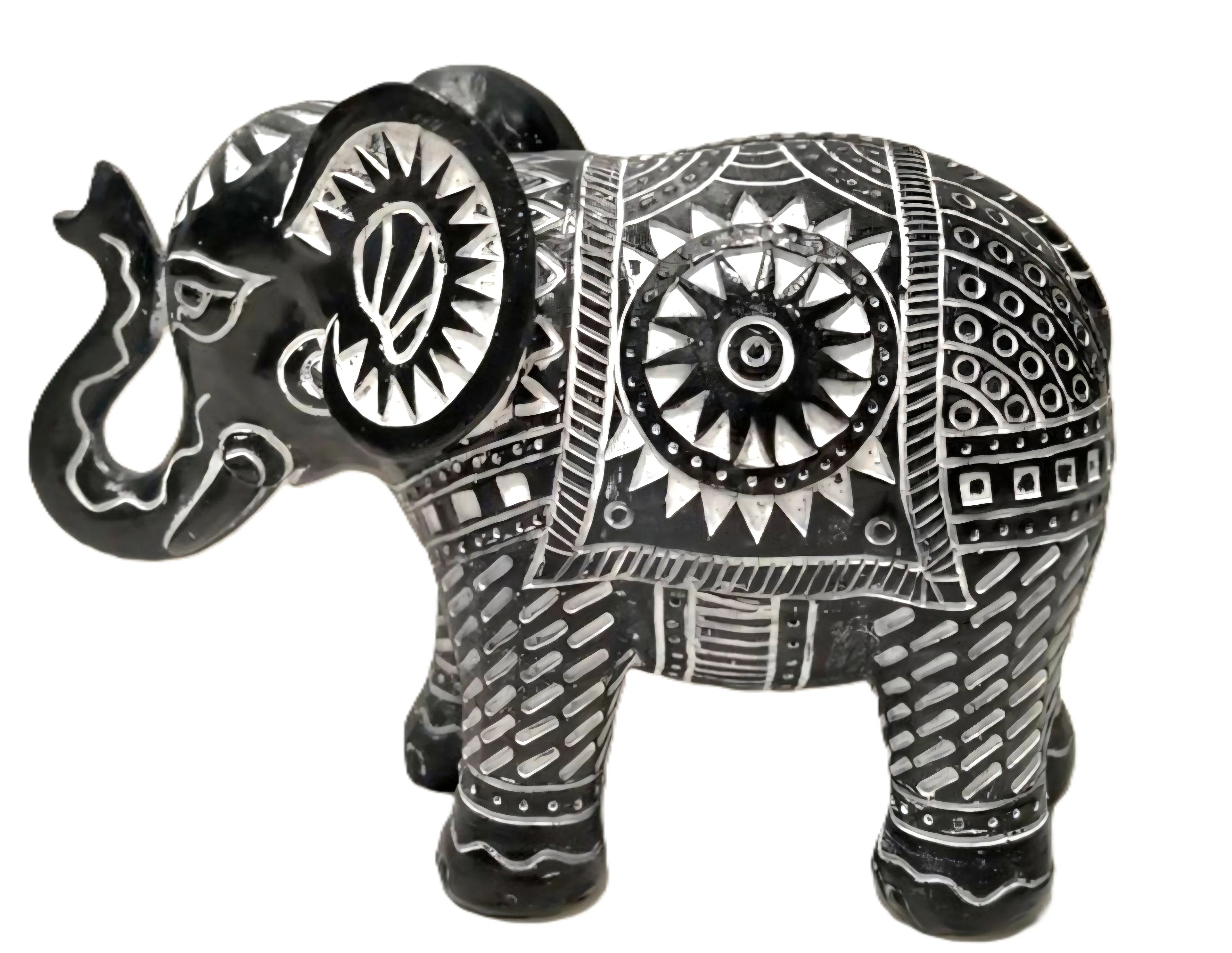 Hand-Carved Kisii Soapstone Elephant – Black & White Tribal Design (Mini)