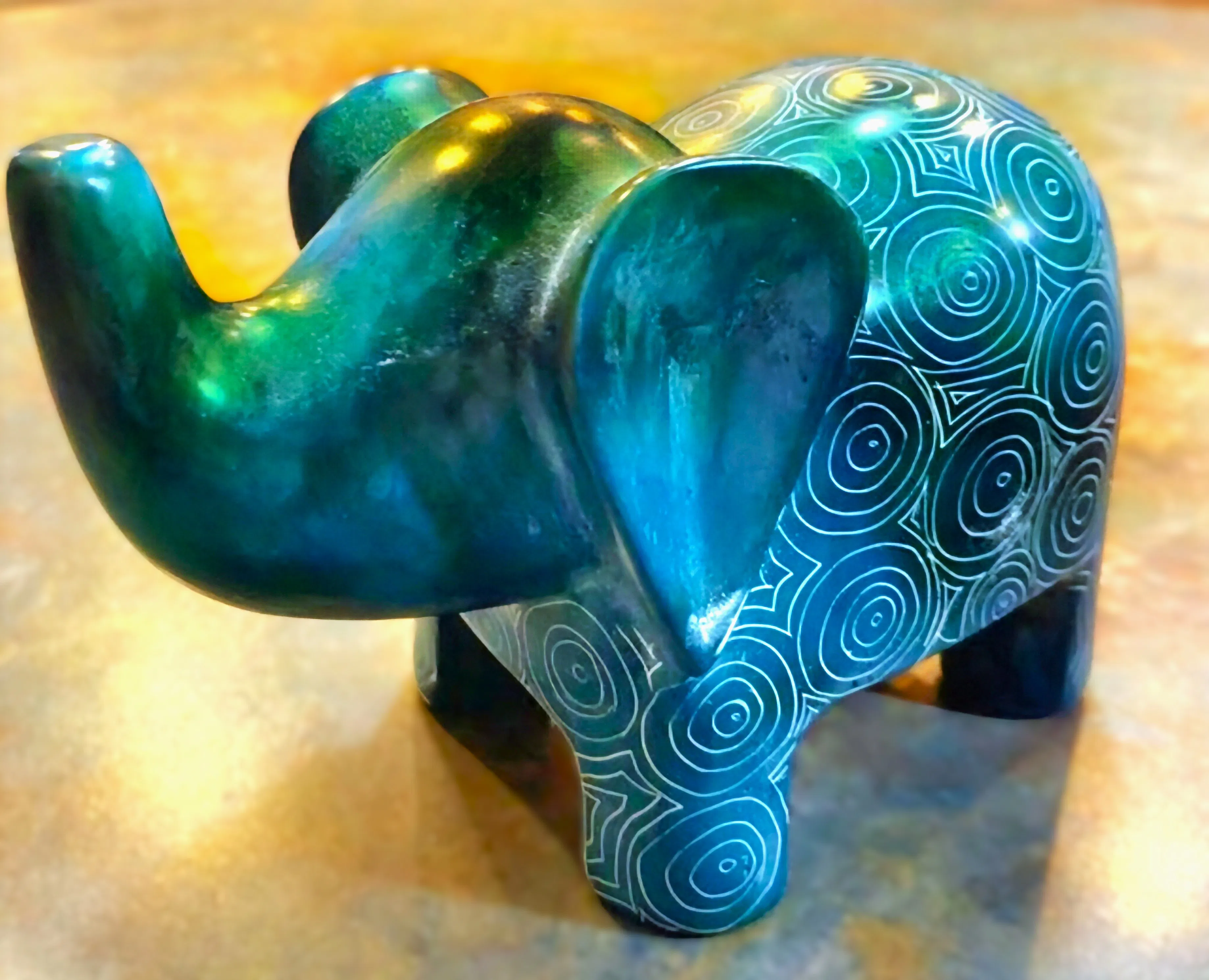 Mini Hand-Carved Elephant Soapstone Sculpture – Blue & Teal Patterned Finish