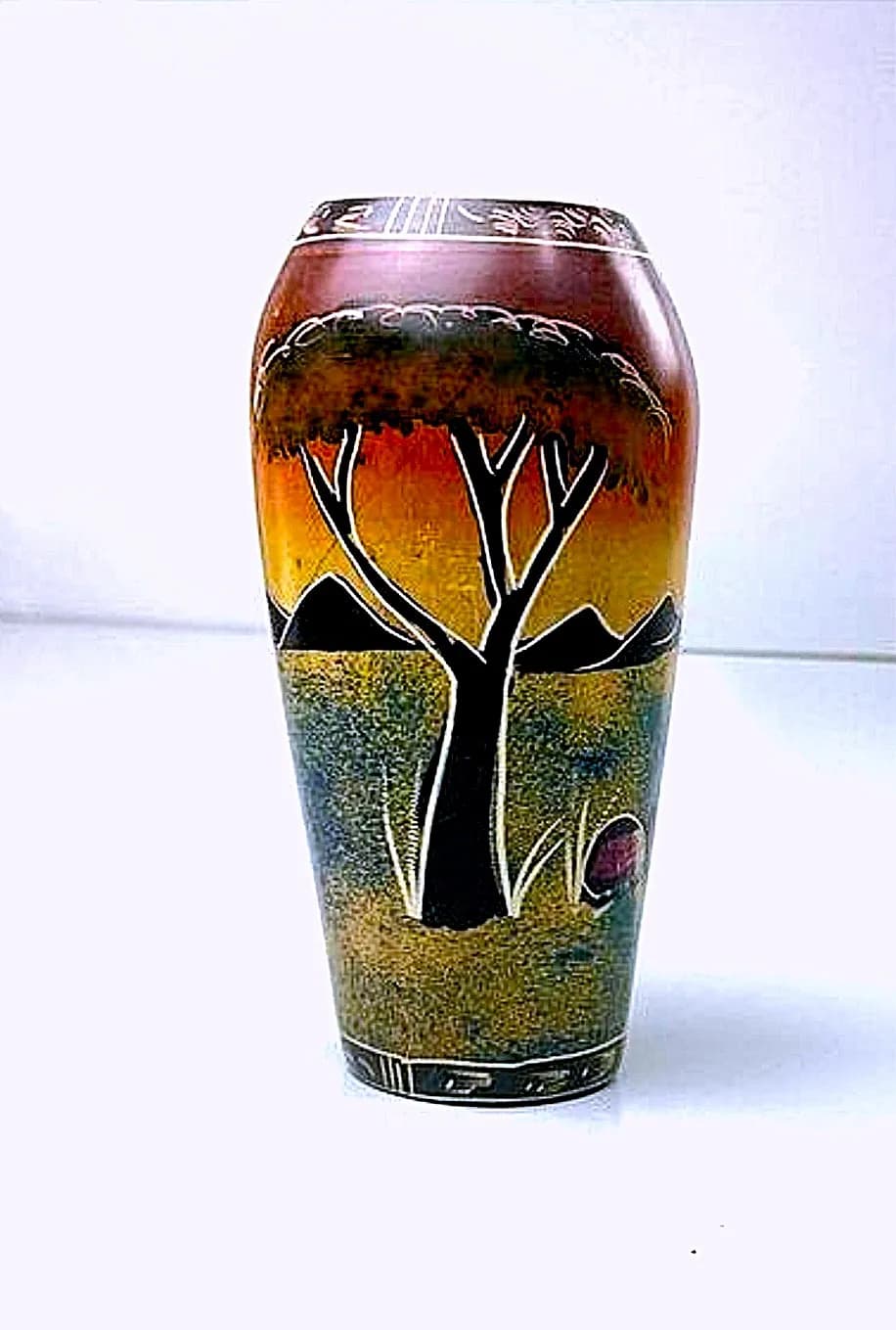 Hand-Painted Soapstone Flower Vase – African Savanna Tree Design