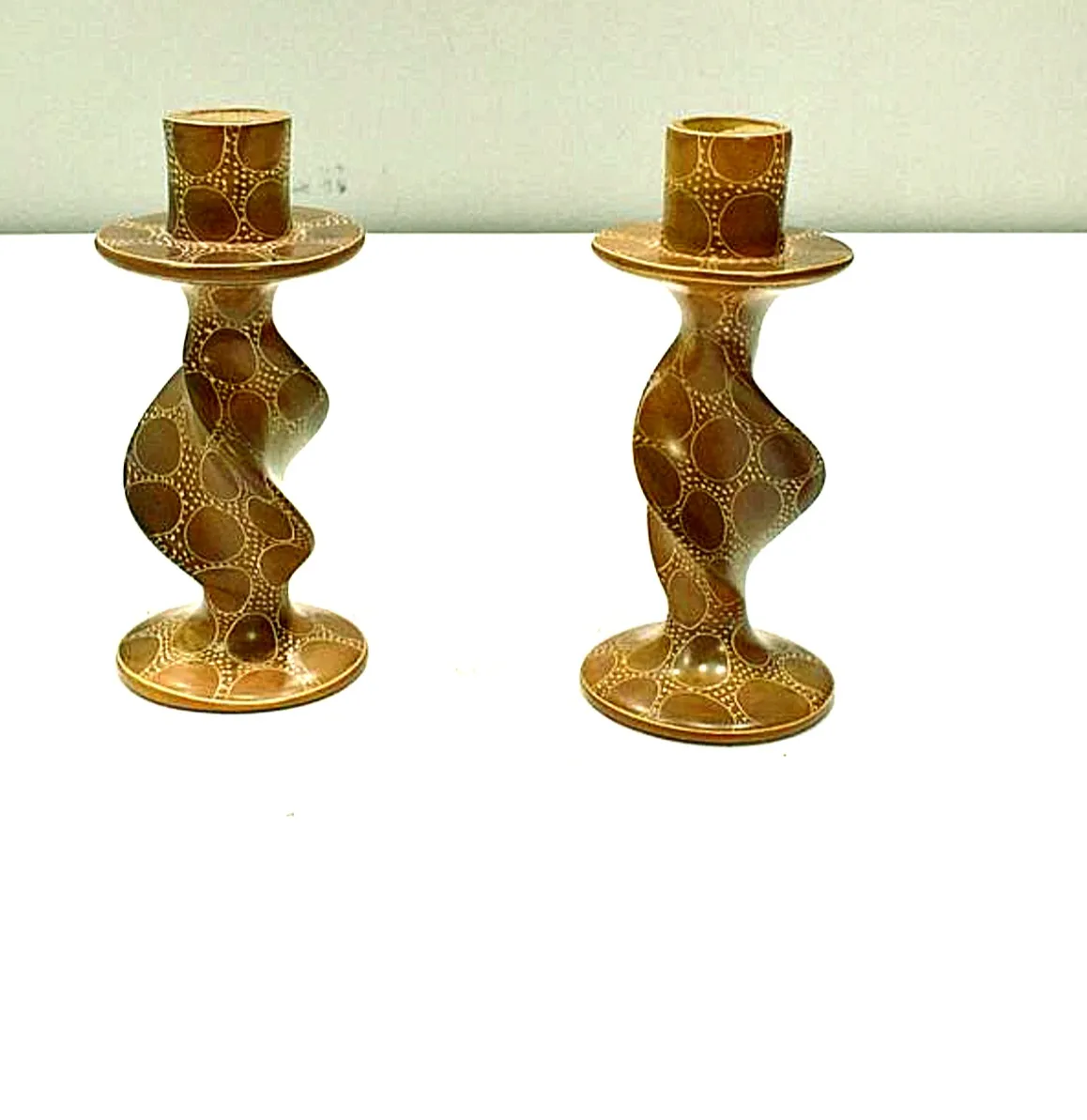 Twisted Soapstone Candle Holders – Golden Pattern (Pair)
