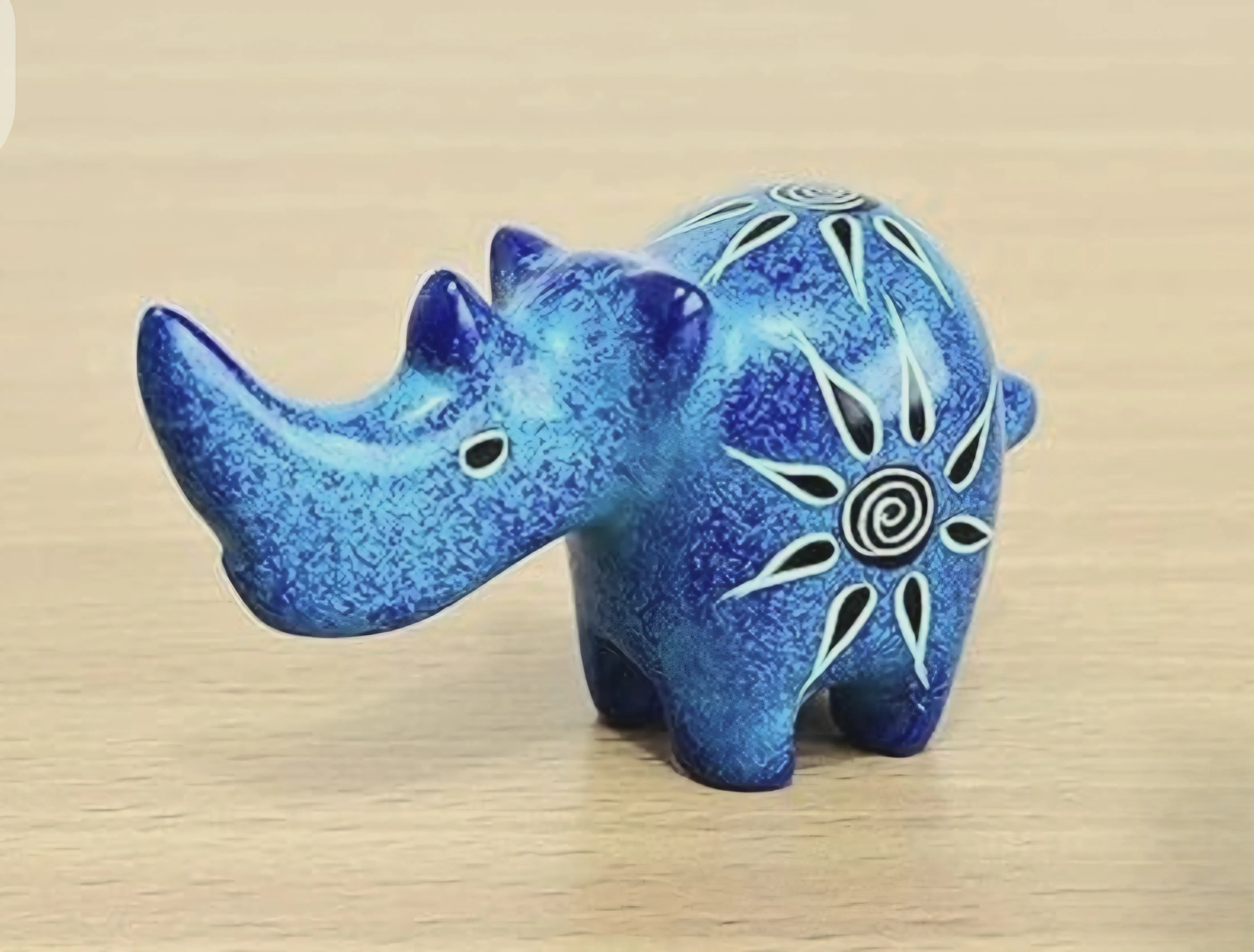 Mini Hand-Painted Soapstone Hippo – Blue Spiral Design