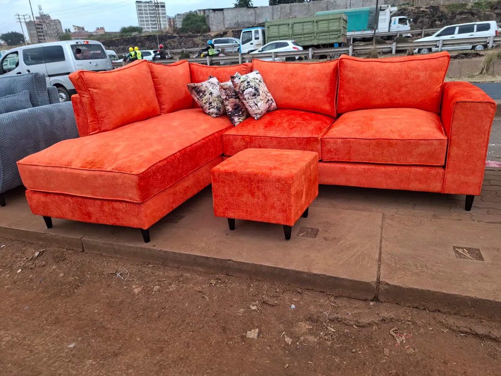 6-Seater L-Shaped Sectional Sofa with Ottoman (Rust Orange)